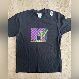 MTV Music Television Retro 80's Neon Pink Checkerboard Logo T-Shirt Youth Small